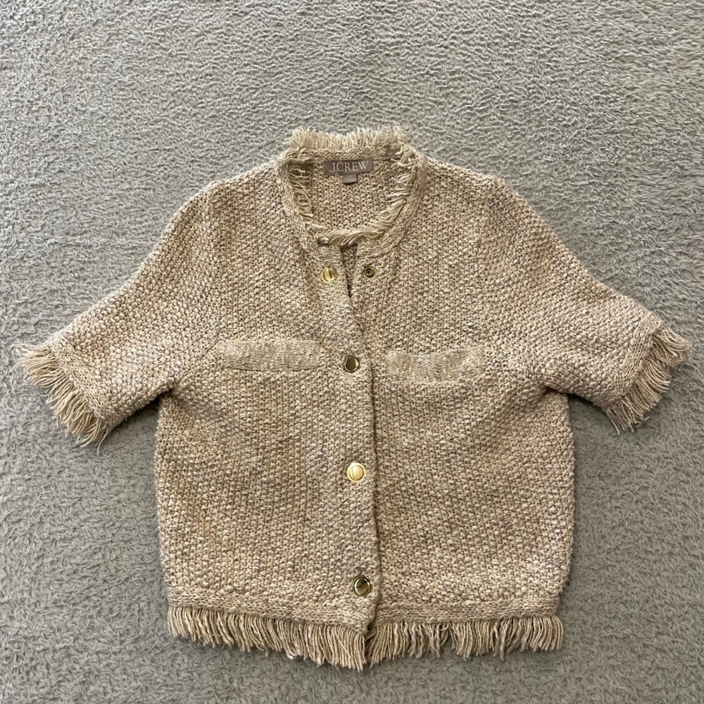 J Crew Lady Jacket Cardigan Womens XS Oatmeal Cropped Fringe Gold Buttons BS961